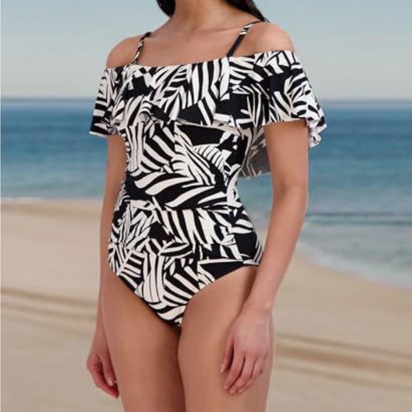 BCBGMaxAzria Small Off the Shoulder One Piece Black and White Print Swimsuit - Picture 1 of 10